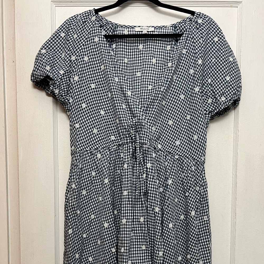 Madewell navy gingham polka dot stitched drawstring dress. With pockets!